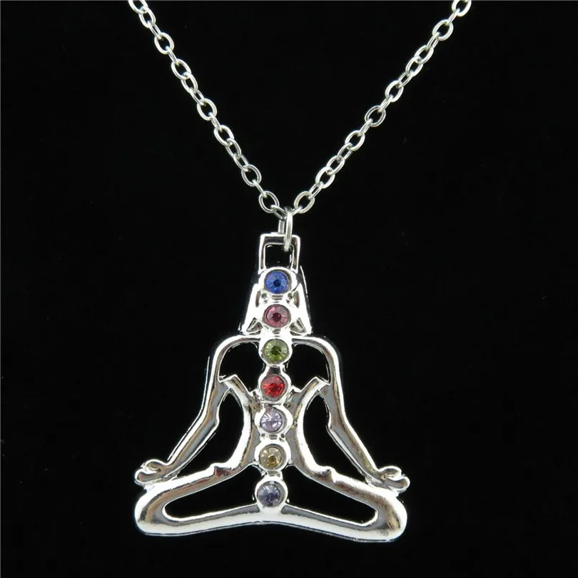 

19871 Dull Silver Rhinestone Chakra Buddha Yoga Pendant Chain Collar Necklace 18"