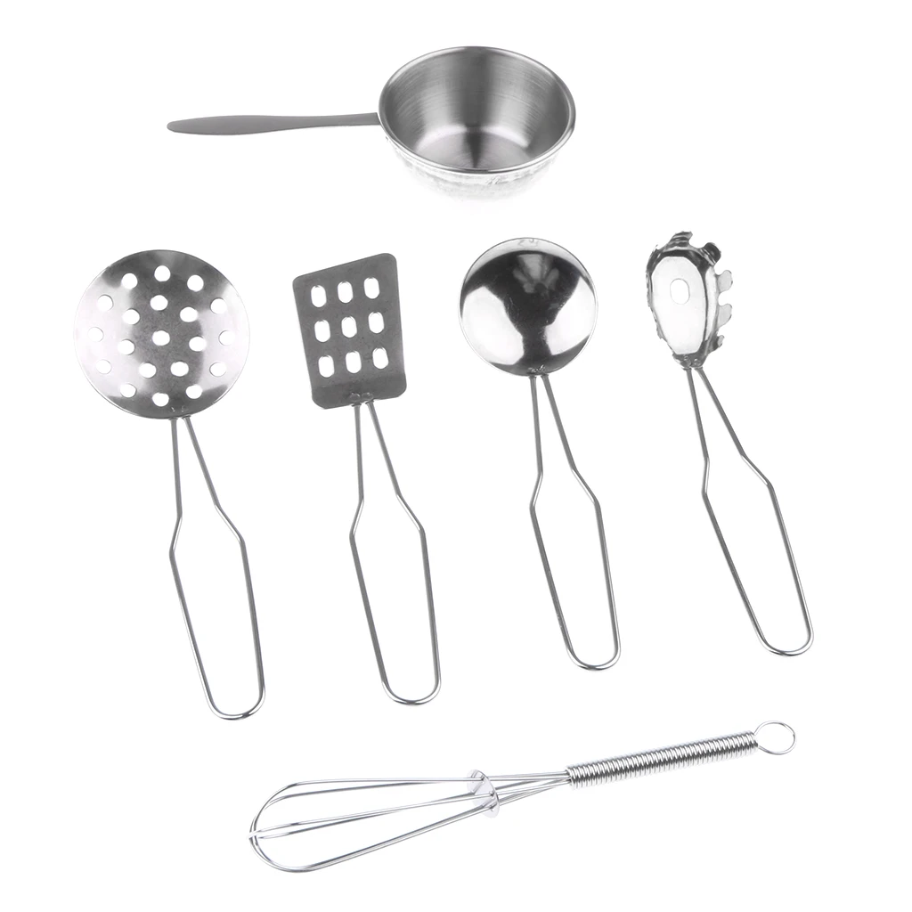 Kids Stainless Steel Kitchen Utensil Playset C (6pcs) for Children Pretend Play Chef Cooking 