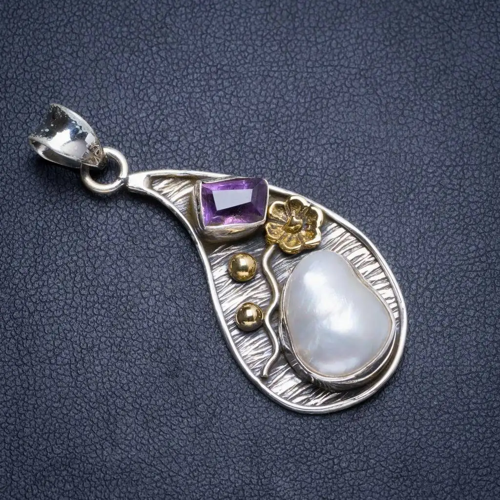 

Natural Two Tones River Pearl and Amethyst Handmade Unique 925 Sterling Silver Pendant 1.75" Y5114