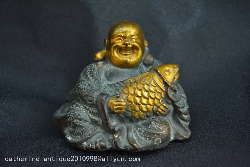 

Collectable Old Qing Dynasty bronze gilt Buddha & fish statue,with mark,Handmade crafts,collection& adornment
