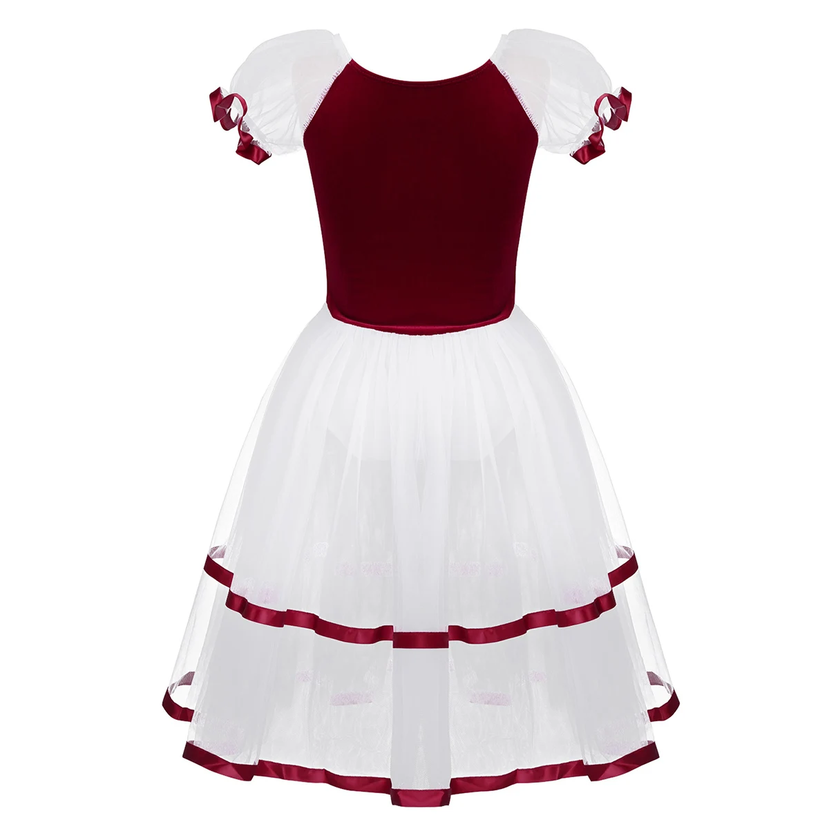 Ceny TiaoBug dla dzieci dziewczyny ażurowe Puff rękawem aksamitne gorset profesjonalne Tutu trykot baletowy długa sukienka Lyrical kostium taneczny