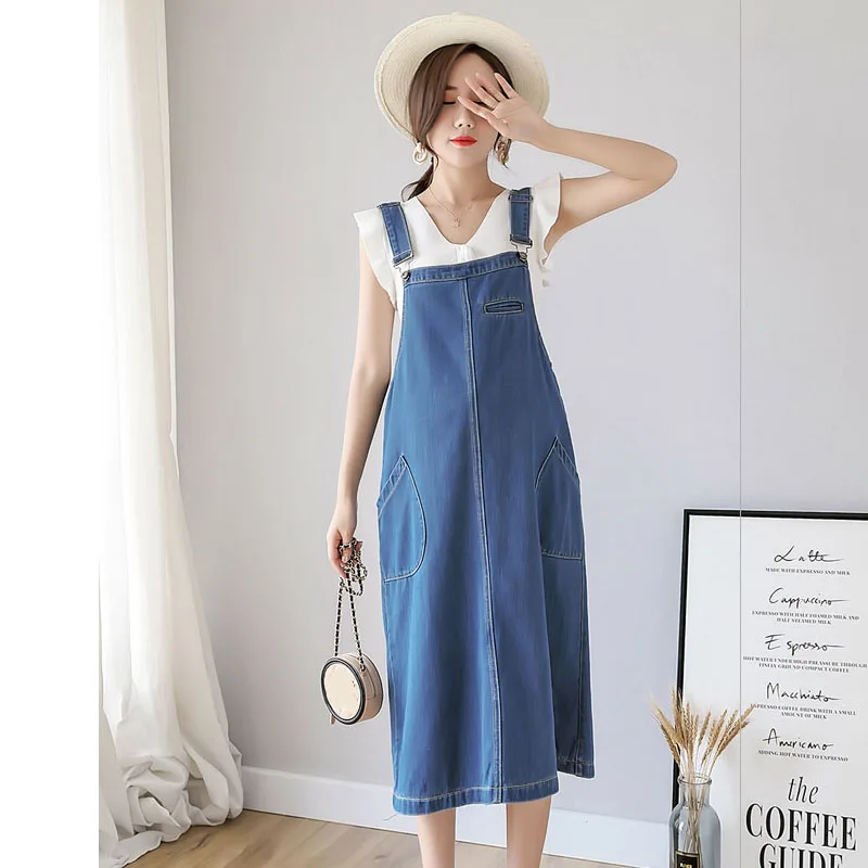 Mujeres embarazadas Tirantes ajustables verano Denim vestido bolsillos más tamaño Preppy estilo maternidad tirantes vestido largo|Vestidos| - AliExpress