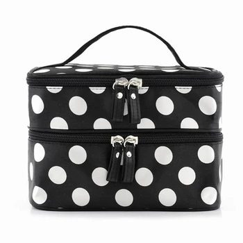 

Black Travel Cosmetics Make Up Bags Beauty Womens Organiser Toiletry Purse Handbag Polka Dots Design Gift