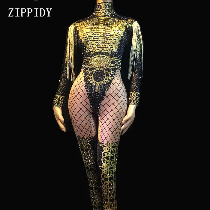

Gold Fringes Epaulet Rhinestones Jumpsuit Women Jazz Dance Nude Stretch Bodysuit Outfit Evening Show One-piece Sexy Costume Wear