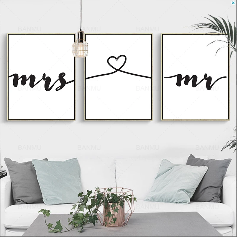 Скандинавский современный черно белый Принт Mr Mrs Love на холсте постер настенная