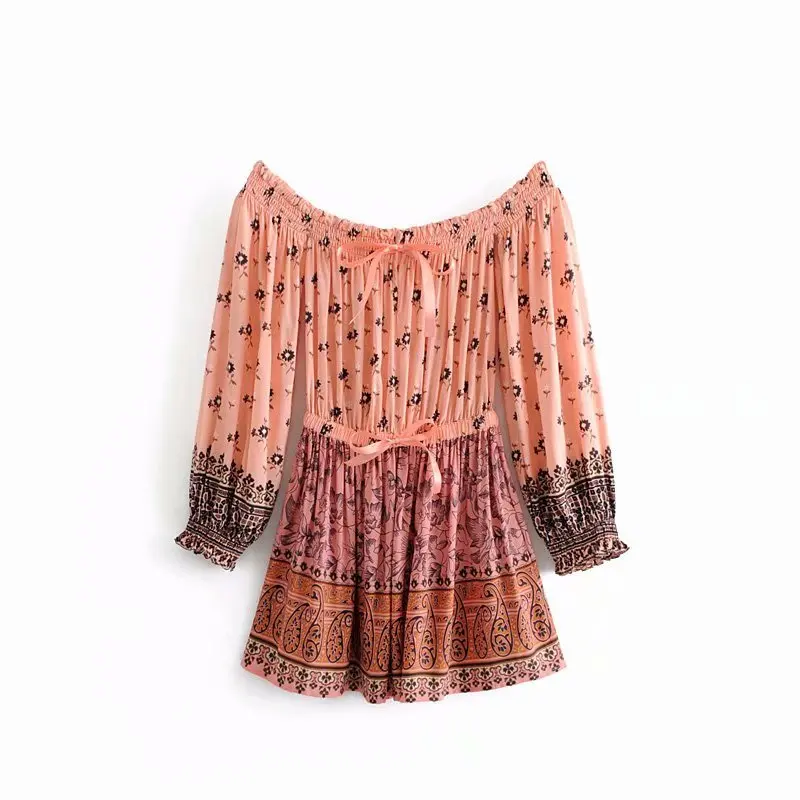 

GYPSY Boho Chic Summer Off Shoulder Vintage Floral Print Dress Women Fashion Elastic Waist Lace Up Beach Dresses Vestidos Mujer