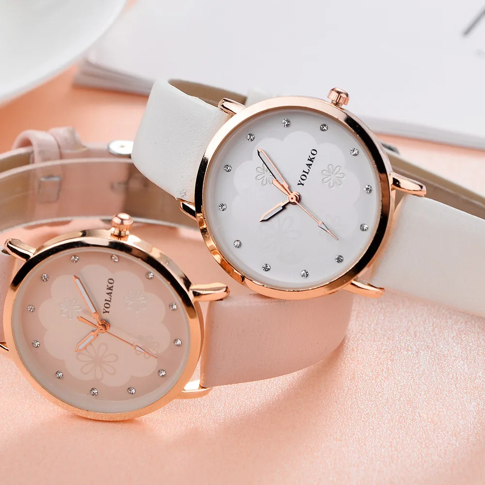 

YOLAKO Luxuy Ladies Clock Features Rhinestone pattern Dial Exquisite Quartz Leather Band Analog Wrist Watch Women Watches B40