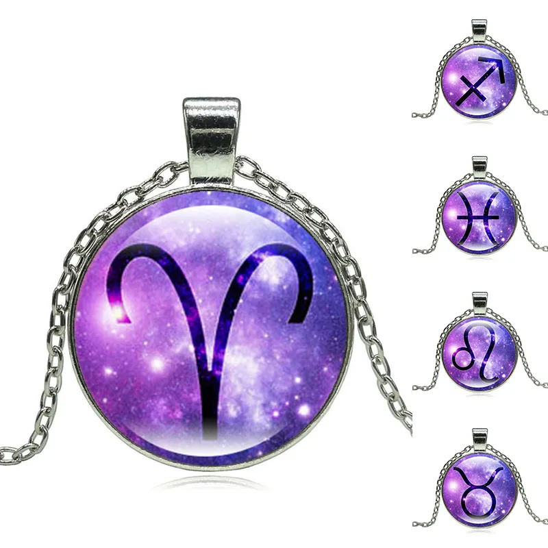 Fashion 12 Zodiac Pendant Necklace Glass Cabochon Accessories Tibetan silver Statement Chain Necklace for Women Jewelry