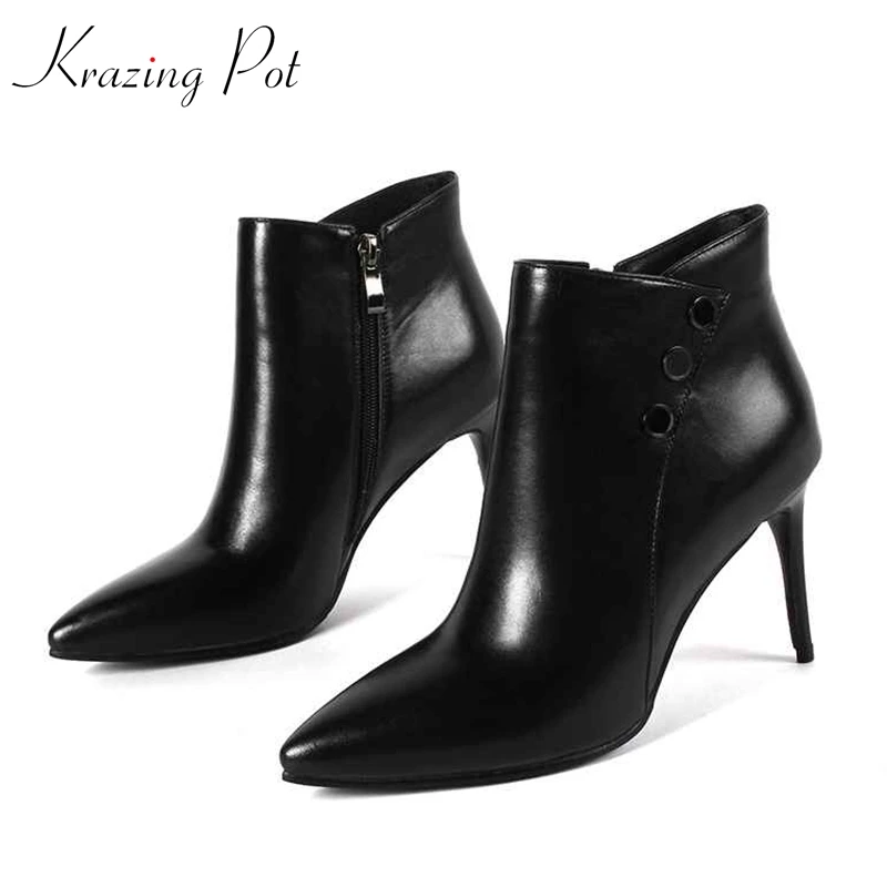 

Krazing Pot genuine leather pointed toe super high heels button-studded decoration streetwear fashion wedding ankle boots L05