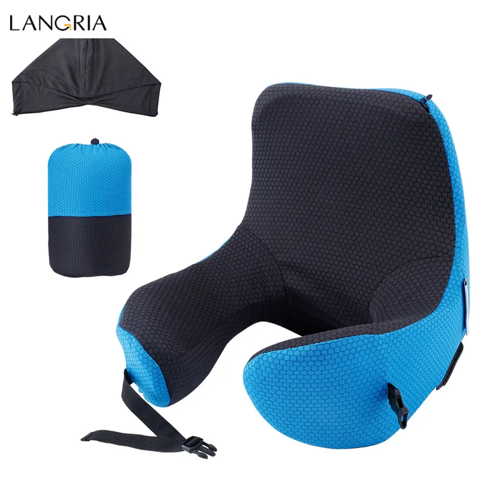 LANGRIA Travel Pillow 6-in-1 Long Haul Astronaut Memory Foam with Detachable Hood Adjustable Neck Size Side Elastic Pocket Neck2