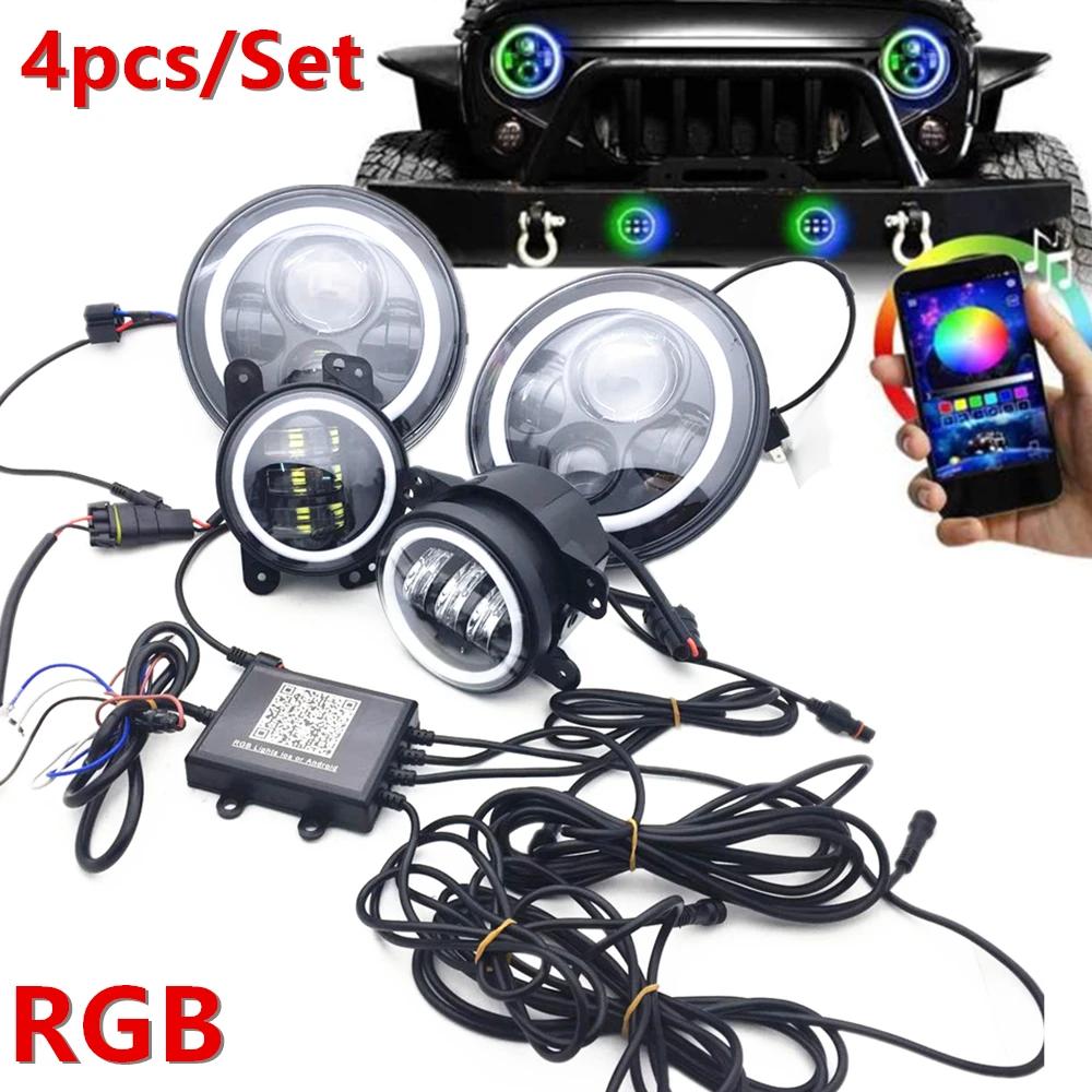 Цветная (RGB) 7 дюймов Halo Фары + 4 &quotСветодиодный Противотуманные фары для Jeep Wrangler JK