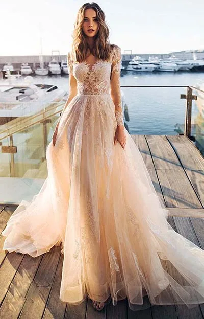LORIE светильник цвета шампанского свадебное платье с длинными рукавами аппликация невесты платье трапециевидной формы тюль невесты Свадебные платья бохо - Цвет: picture color