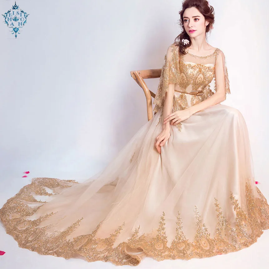 

Ameision Sales Champagne Half Sleeve Evening Gowns Flower Pattern Crystal Beading Luxury Bling Sequined Evening Dress