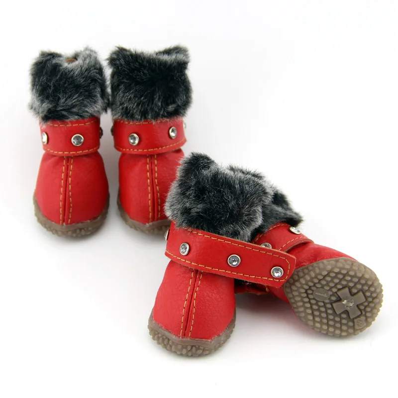 Обувь для домашних собак; теплые зимние сапоги для домашних животных; зимняя обувь для собак из искусственного флиса; Водонепроницаемая нескользящая обувь для маленьких щенков; Тедди; Чихуахуа; цвет красный, коричневый - Цвет: Red Boots Jewerry