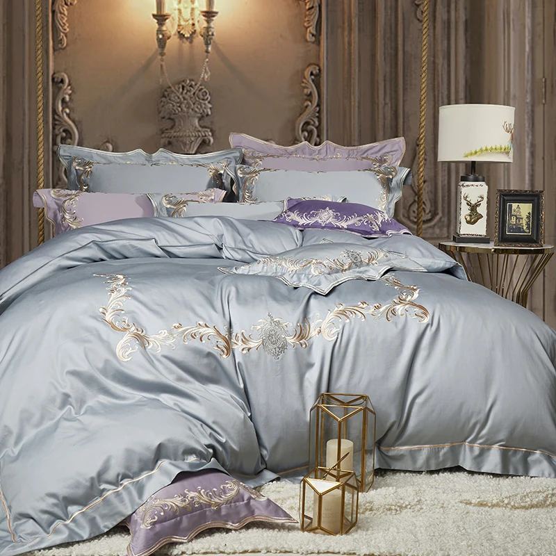 

New 100% Egyptian Cotton White gray purple Luxury Bedding Sets/Bedclothes King Queen size Duvet Cover Bed Sheet Linens set Pillo