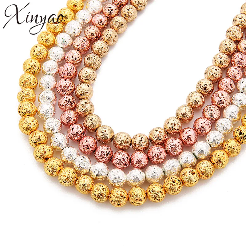 

XINYAO Natural Stone Glod Silver Volcanic Lava Beads 4 6 8 10 12 mm Round Rock Spacer Beads For DIY Jewelry Making 40cm/Strand