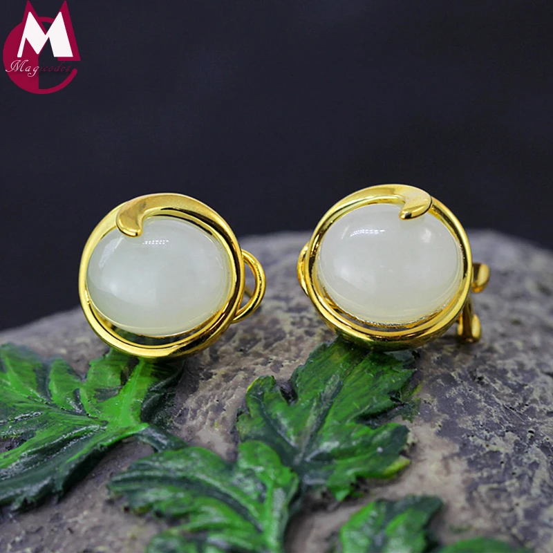 

100% Genuine 925 Sterling Silver Earrings For Women Jewelry Fine Gold Silver Color Natural Stone Fashion Jade Stud Earring SE110