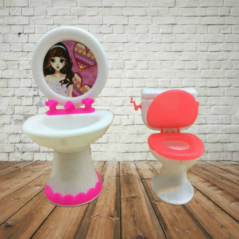 

2 Items Doll Closestool+Washbasin Toilet Wash Devices Dollhouse Furniture Bathroom Set For Girl and for Kelly dolls