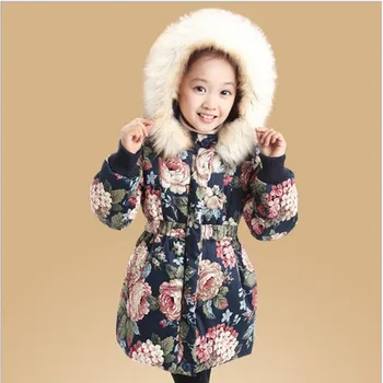 

2018 Brand Retail Fashion Girls Winter Print Flower Coat Warm With Thick Cotton-Padded Fur Collar Waistband Jacket Kids Outwear