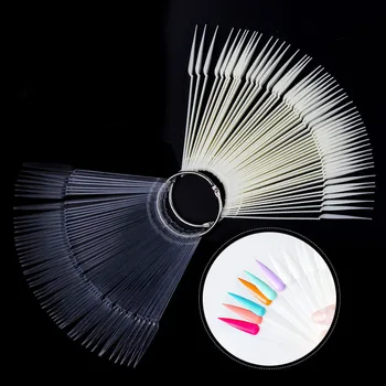 

50 Tips Transparent Fan-shaped Nail Art Tips Display Polish Board Display Practice Sticks Tool with Metal Split Ring Holder