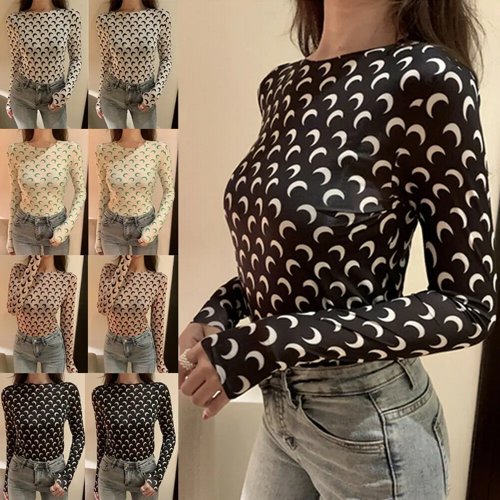 

Fashion Women Sheer Mesh See-through Long Sleeve Top T Shirt Shirts Print Pattern Casual Inner Wear Outfits