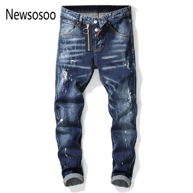 Европейский Американский стиль известный бренд мужские джинсы роскошные мужские прямые джинсовые брюки на молнии пэчворк тонкие синие