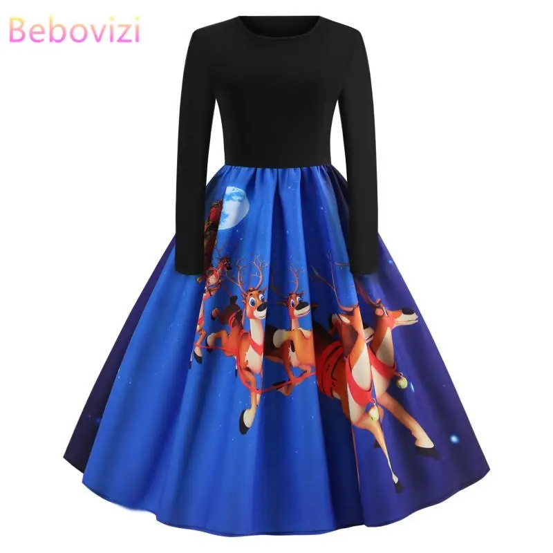 Blue Long Sleeve Vintage Party Color Block Patchwork Midi Dresses Womens Clothing Fall 2019 Xmas Elegant Christmas Dress