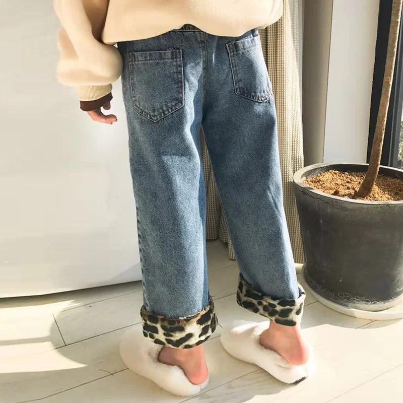 

Girls pants2019 winter new children's Korean casual leopard curling plus velvet straight wide leg jeans