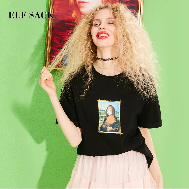 

ELF SACK 2019 Spring New Woman T-shirt Cotton Casual O-Neck Women Tops Character Print Femme T-shirts Stylish Ladies Tees