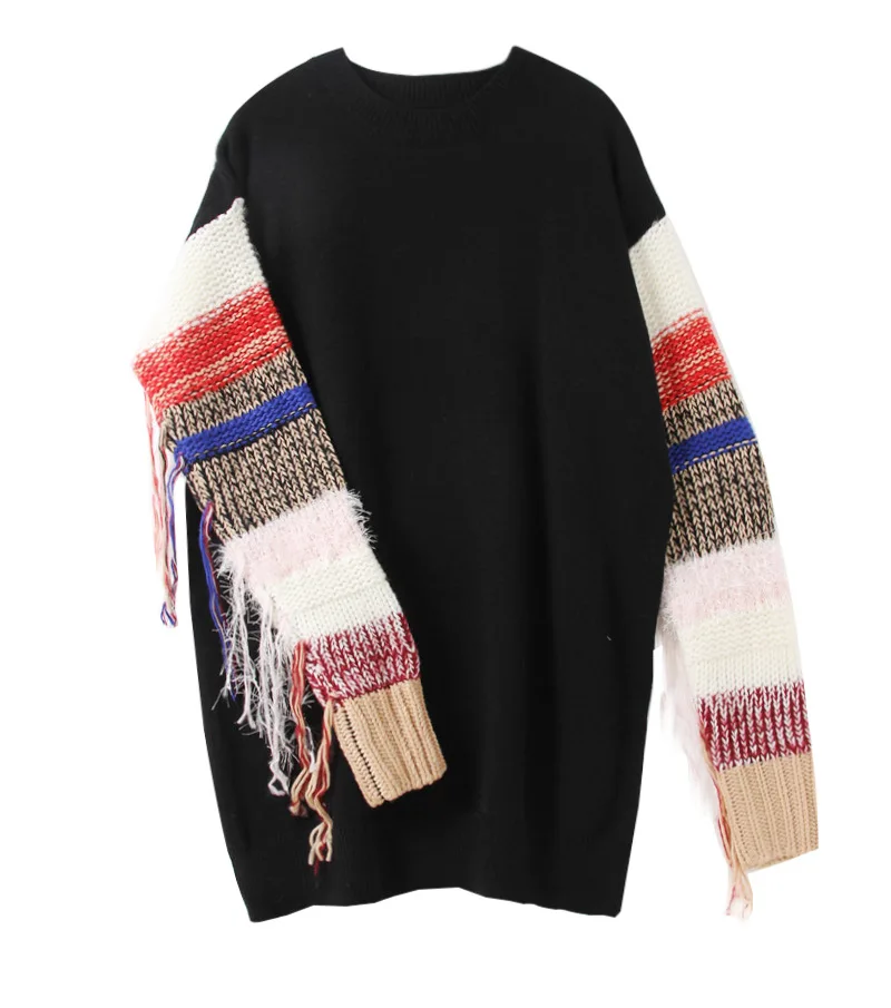 

celebrity women constract color tassel sleeve sweater female stitching fashion Knitting long sweater dress