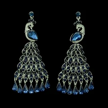 New luxury brand silver plated crystal peacock feathers dangle earrings big teardrop tassel earrings jewelry