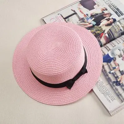 COKK Panama Hat Simple Summer Beach Hat Female Casual Lady Women Flat Brim Bowknot Straw Cap Girls Sun Hat Chapeu Feminino pink 1