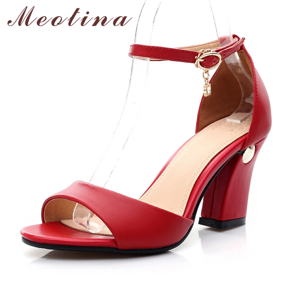 Meotina/летние босоножки из натуральной кожи на высоком каблуке; женская обувь для вечеринок на высоком каблуке с ремешком на щиколотке; Туфли-лодочки на толстом каблуке; Цвет Красный; размеры 34-43