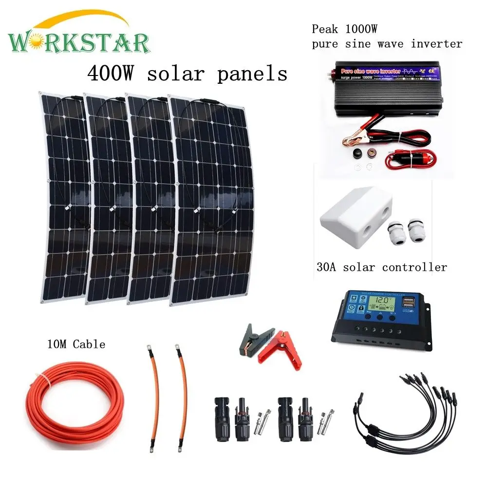 

Complete 400W Solar System for Beginner 4X100W Solar Panels 1000w Inverter with Installation Accessories For Yacht RV Boat