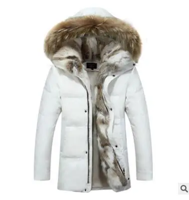 Женская и мужская пуховая парка с подкладкой из натурального кроличьего меха, новинка, плотное хлопковое пальто с меховым капюшоном, супер теплые зимние куртки - Цвет: Белый