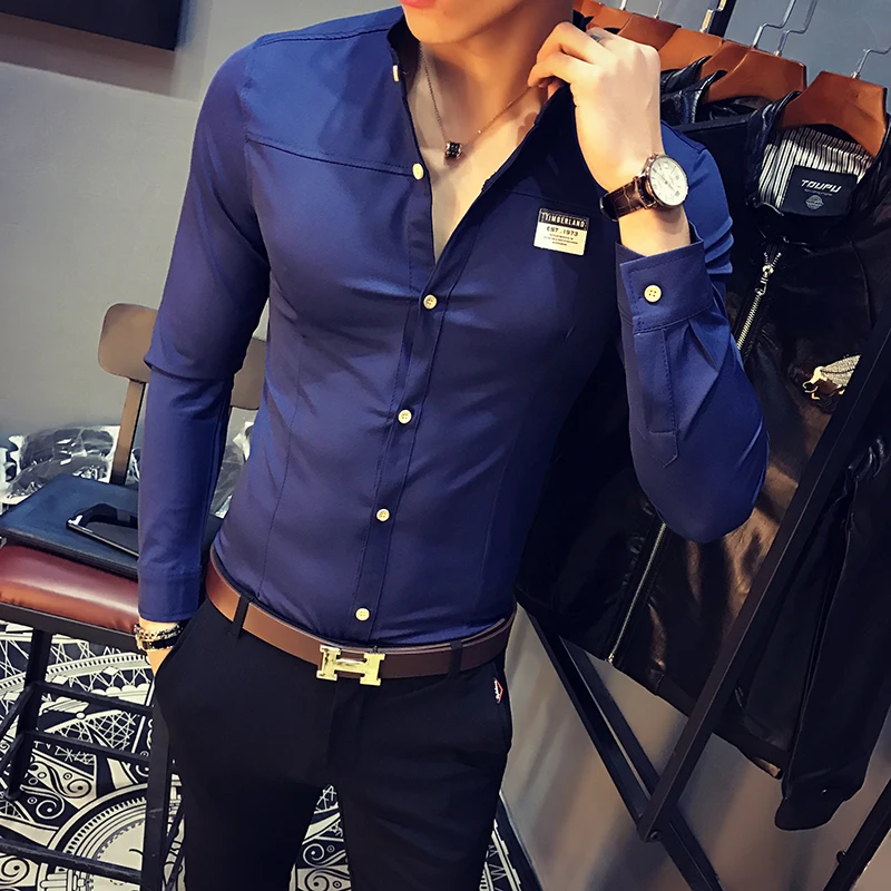 

2018 men's long-sleeved collar shirt Slim spring and summer Korean shirt hair stylist night club groom wedding dress S-5xl