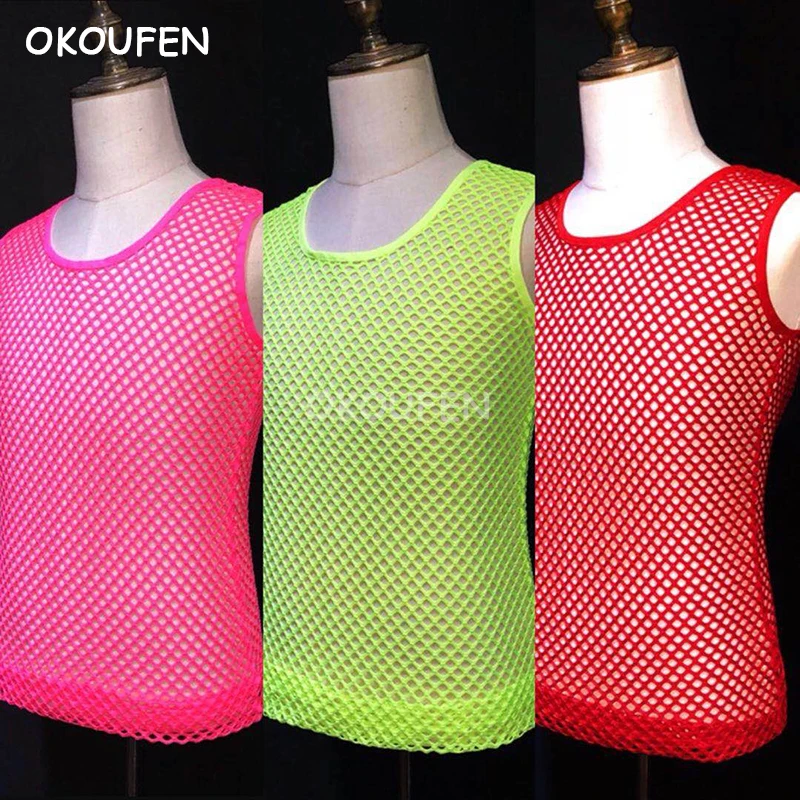 

New Men's Fluorescent color Perspective mesh Slim Vest costume Nightclub bar male singer DJ DS stage show accessories