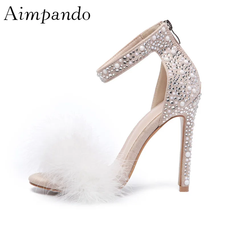 

Sexy One-strap Feather Gladiator Sandals Women Stiletto Heel Hot Fix Rhinestone Scrub Wedding Shoes Woman