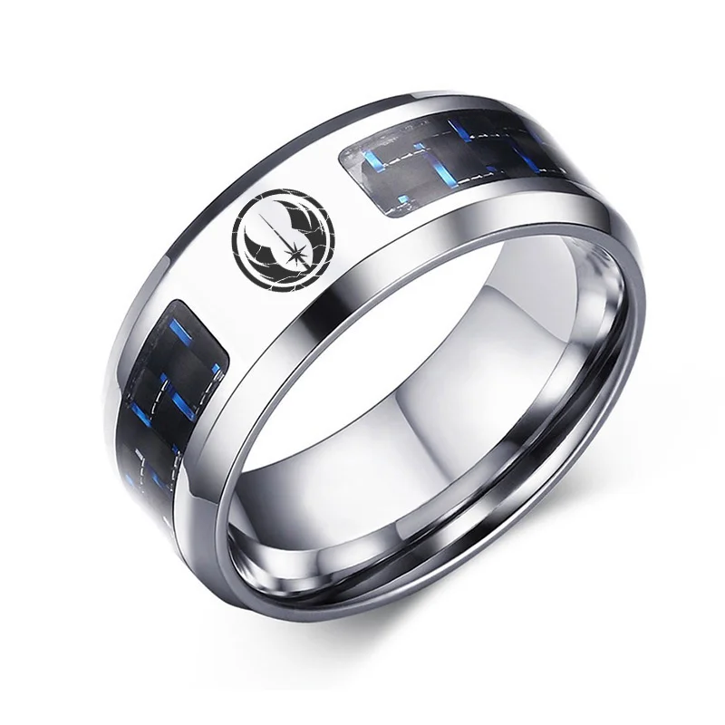 

Stainless Steel Black & Blue Carbon Fibre Men's Ring JEDI NAGA SKYRIM SPIDERMAN STAR TREK SUPERNATURAL MANDALORIAN Engraving