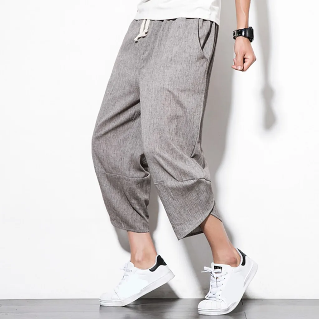 

2019 summer New Cotton linen Calf Length Pants Harem Pants Chinese style Traditional Linen Drawstring Trousers casual overalls