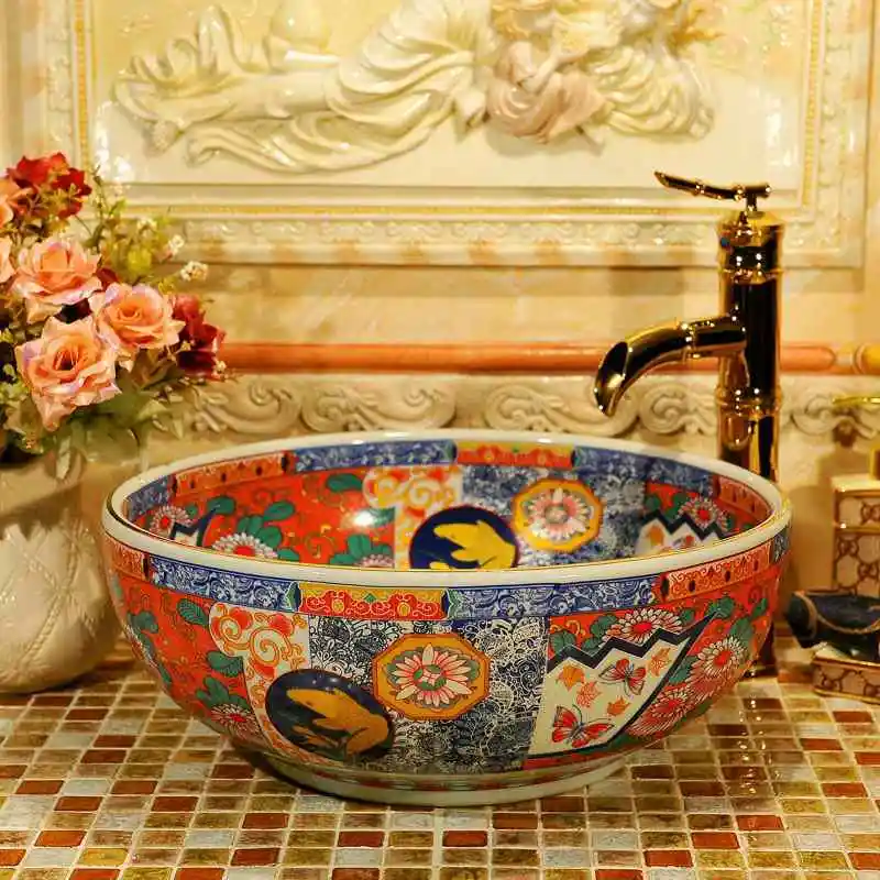 Elegante cuenco de cerámica para lavabo con diseño floral vintage 