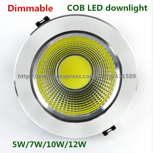 

100pcs5W/7w/10w/12w New Very Bright Dimmable LEDCOB chip downlight Silver and white Recessed White/ warm white