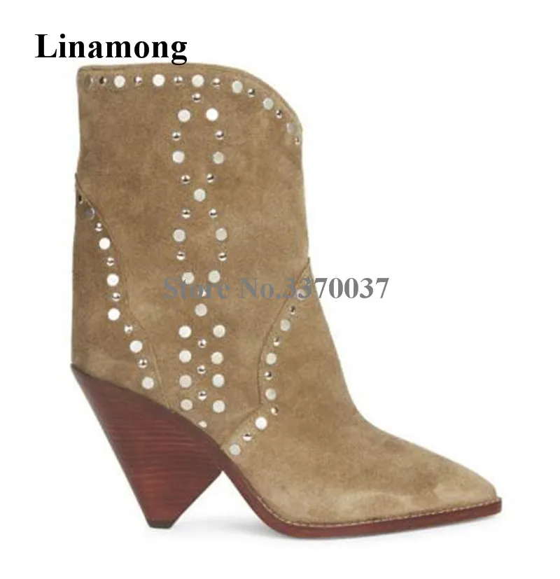 

Super Fashion Women Autumn Winter Pointed Toe Suede Leather Metal Rivet Spike Short Boots Slip-on Fashion Short Booties