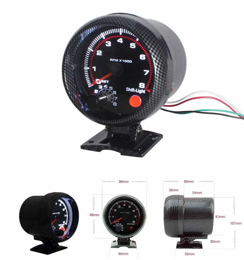 3 3/4" Universal Cool Carbon fiber 0 8000 Tachometer rpm gauge with inter shift light/Auto gauge