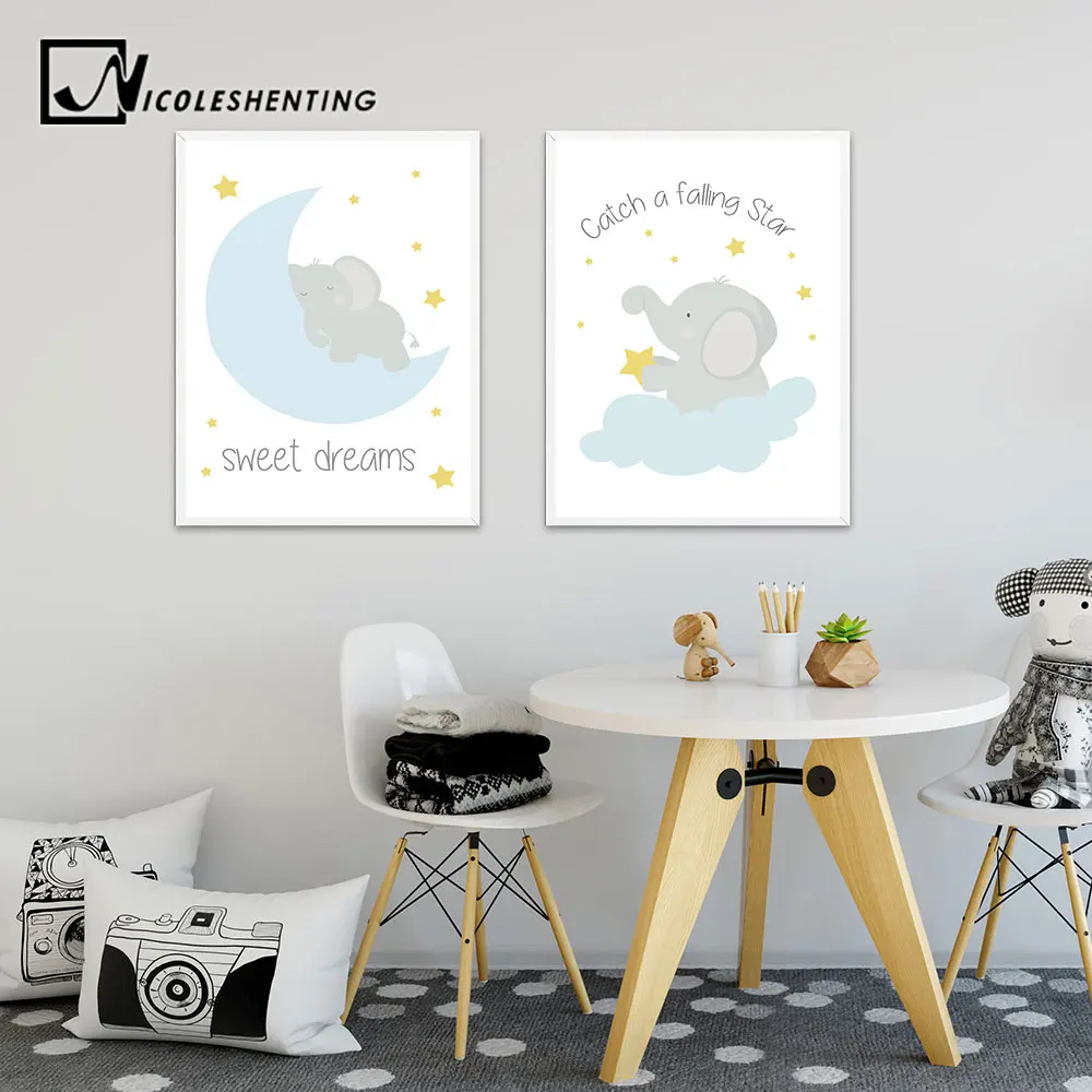 Baby Nursery Wall Art Canvas Posters Prints Cartoon Elephant Moon Painting Nordic Kids Decoration Picture Children Bedroom Decor