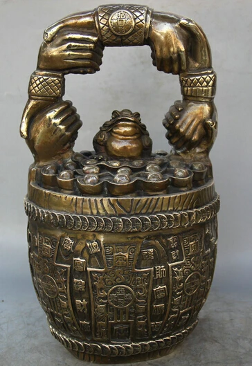

JP S0524 14" Chinese Copper Wealth Golden Toad Spittor treasure bowl bucket barrel keg