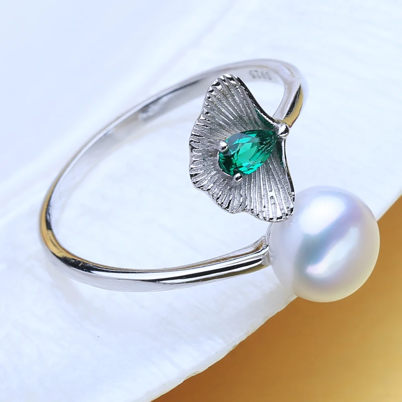FENASY Модные Зеленые камни в форме ракушки 925 пробы Серебряное кольцо с жемчугом подлинные кольца с натуральным пресноводным жемчугом для женщин