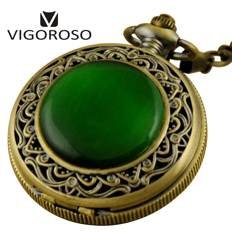 

Top Quality Bronze Green Stone Inlay Skeleton Mechanical Pocket Watch Roman Dial Steampunk Hollow Cover Pocket Watch VIGOROSO