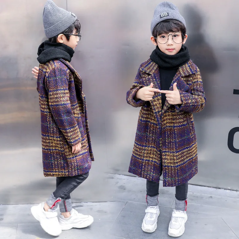 Шерстяное пальто для мальчиков-подростков зимняя одежда для мальчиков клетчатые куртки верхняя одежда для детей куртки для детей 8-10 лет длинное осеннее пальто для мальчиков