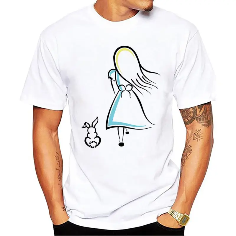 

2018 Spring Male T-shirt Fashion Short Sleeve Cartoon Alice and the White Rabbit T Shirt Men Casual Tops